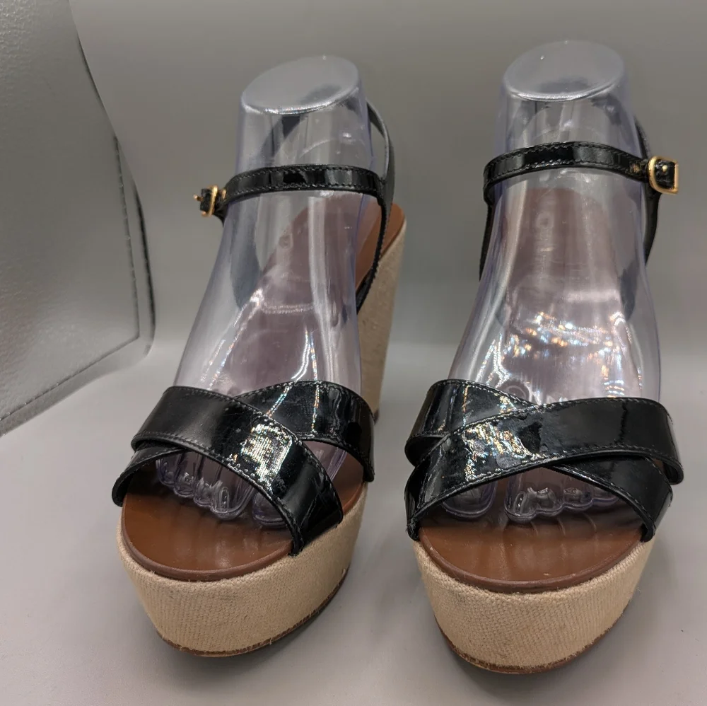 J.Crew LILA Black Patent Leather Strappy Platform Wedge Sandals Made in Italy 9